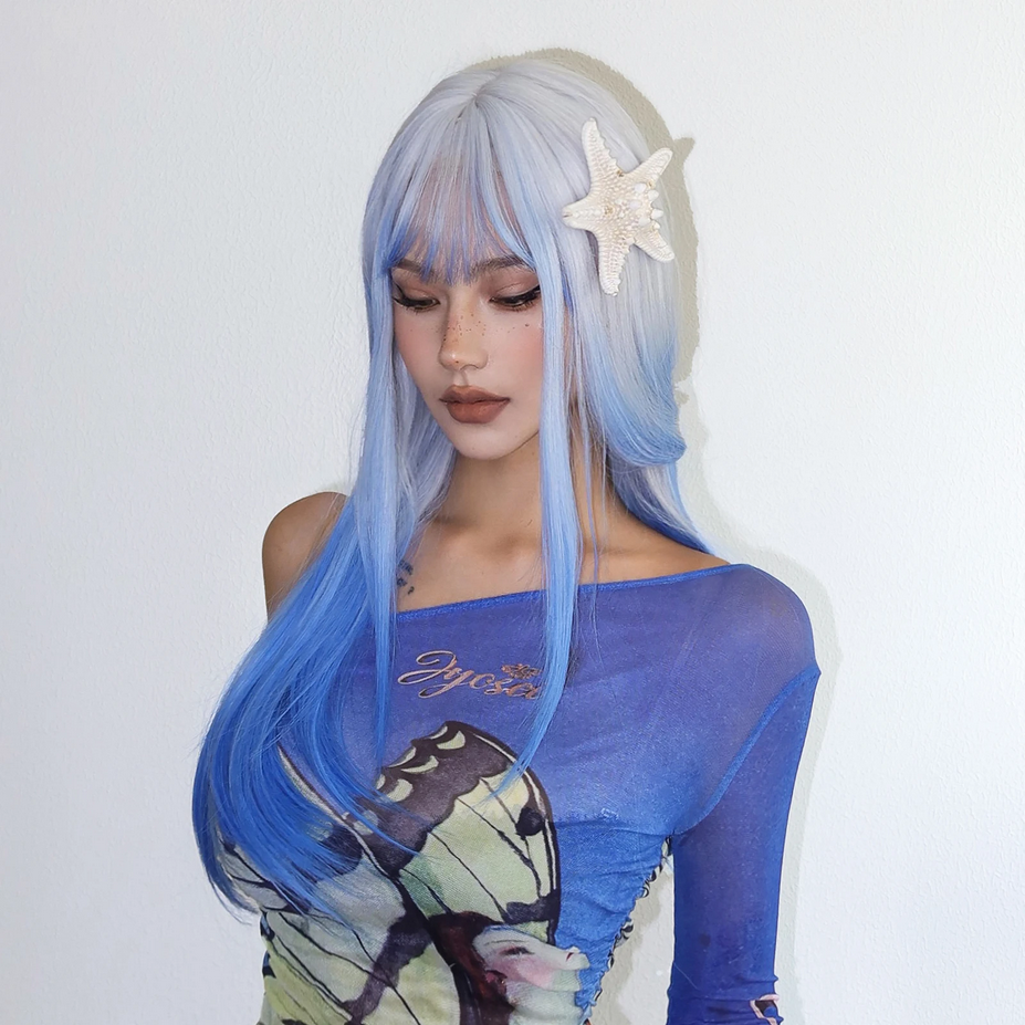 White Blue Ombre Long Synthetic Cosplay Wigs with Bangs
