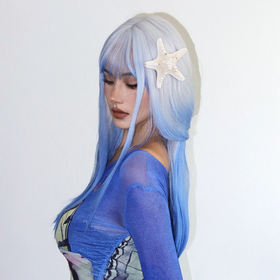 White Blue Ombre Long Synthetic Cosplay Wigs with Bangs