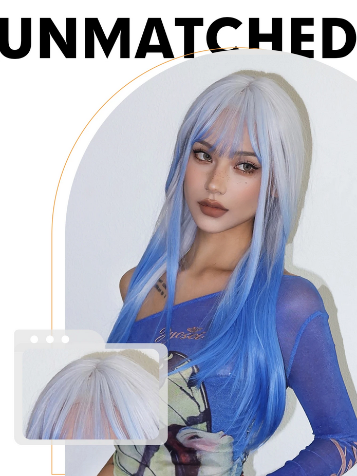 White Blue Ombre Long Synthetic Cosplay Wigs with Bangs