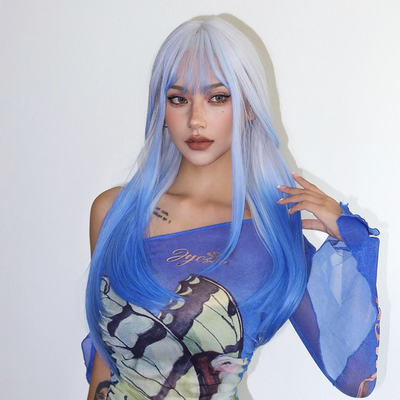 White Blue Ombre Long Synthetic Cosplay Wigs with Bangs