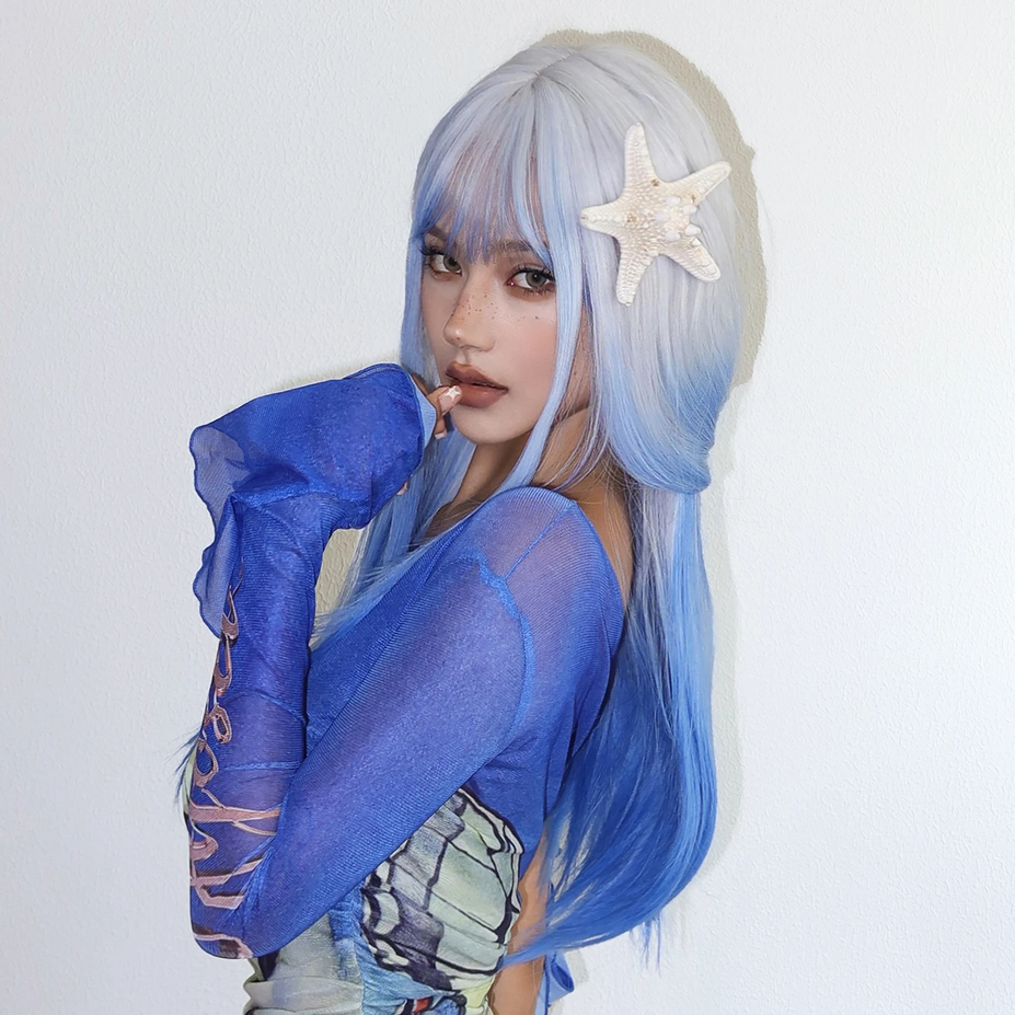 White Blue Ombre Long Synthetic Cosplay Wigs with Bangs