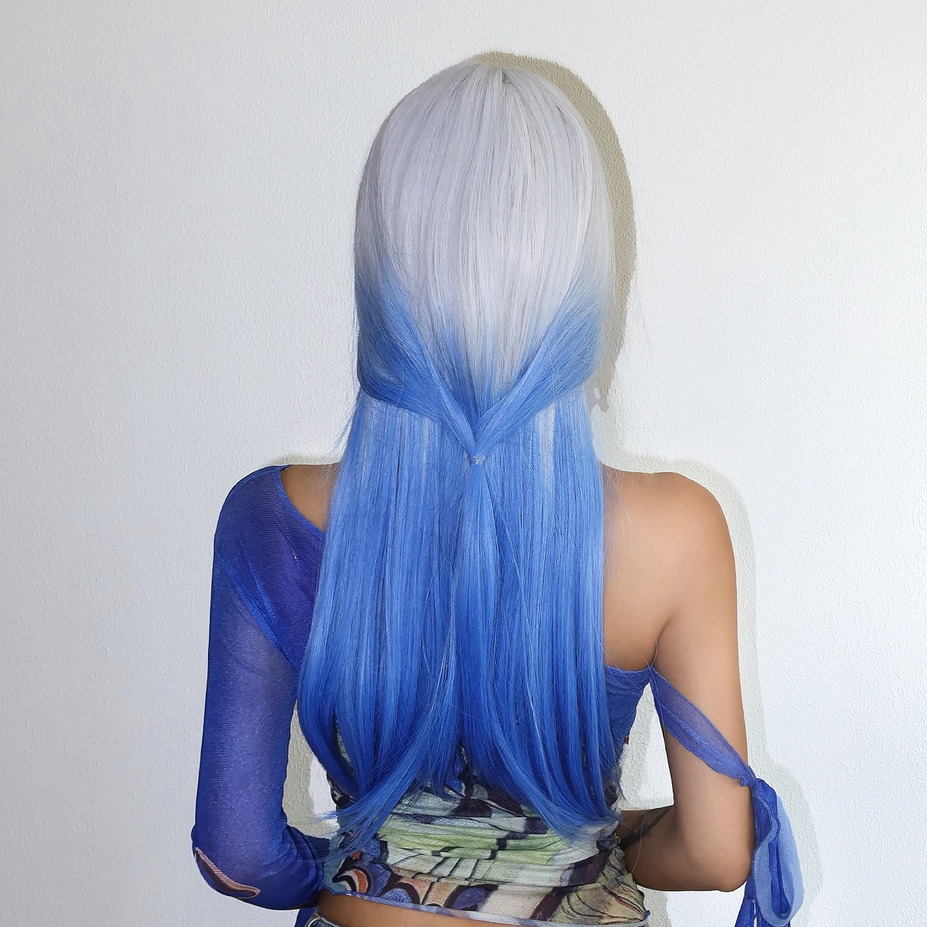 White Blue Ombre Long Synthetic Cosplay Wigs with Bangs