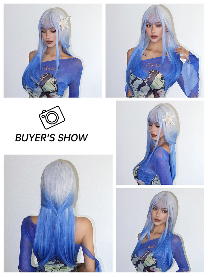 White Blue Ombre Long Synthetic Cosplay Wigs with Bangs
