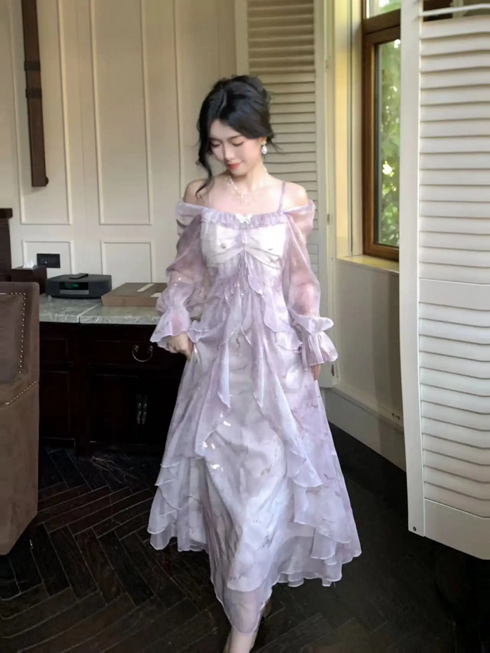 French Style Fairy Ruffles Midi Dress