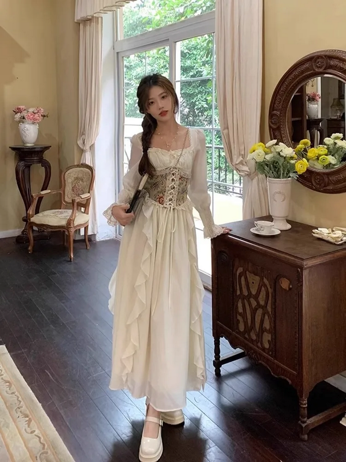 Apricot Corset Belt Ruffles French Vintage Party Dress