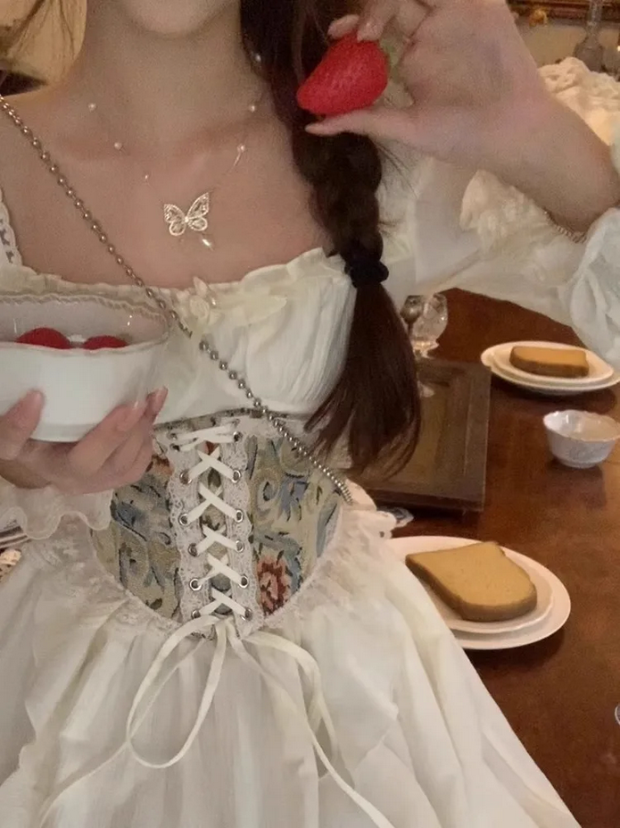 Apricot Corset Belt Ruffles French Vintage Party Dress