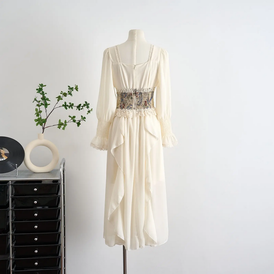 Apricot Corset Belt Ruffles French Vintage Party Dress