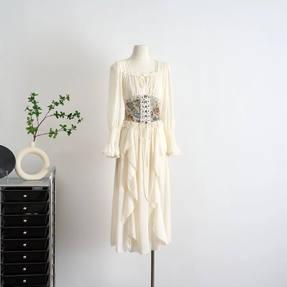 Apricot Corset Belt Ruffles French Vintage Party Dress