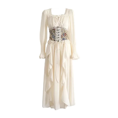 Apricot Corset Belt Ruffles French Vintage Party Dress