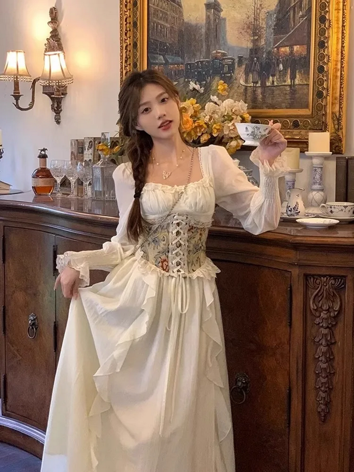 Apricot Corset Belt Ruffles French Vintage Party Dress