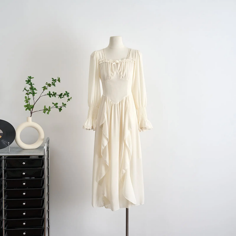 Apricot Corset Belt Ruffles French Vintage Party Dress