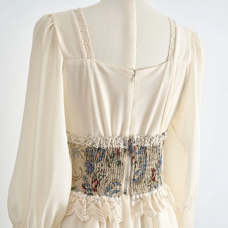 Apricot Corset Belt Ruffles French Vintage Party Dress