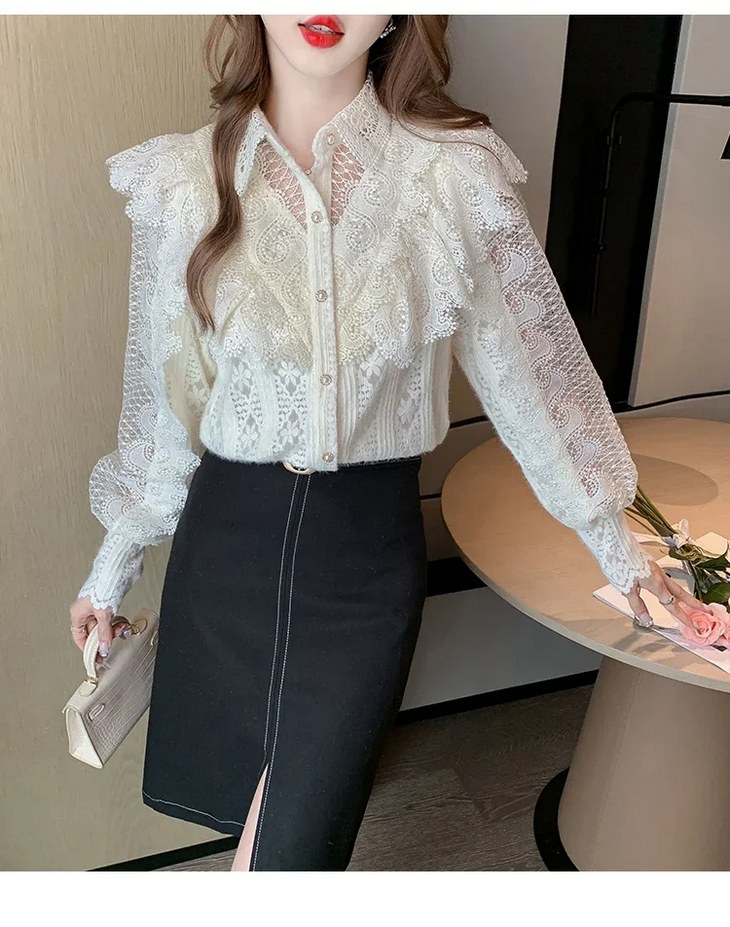 Apricot Turn Down Collar Long Sleeve Lace Women&#39;s Blouse