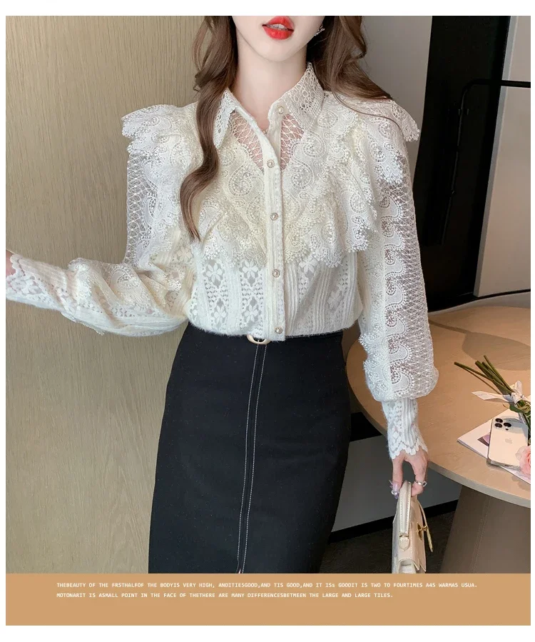 Apricot Turn Down Collar Long Sleeve Lace Women&#39;s Blouse