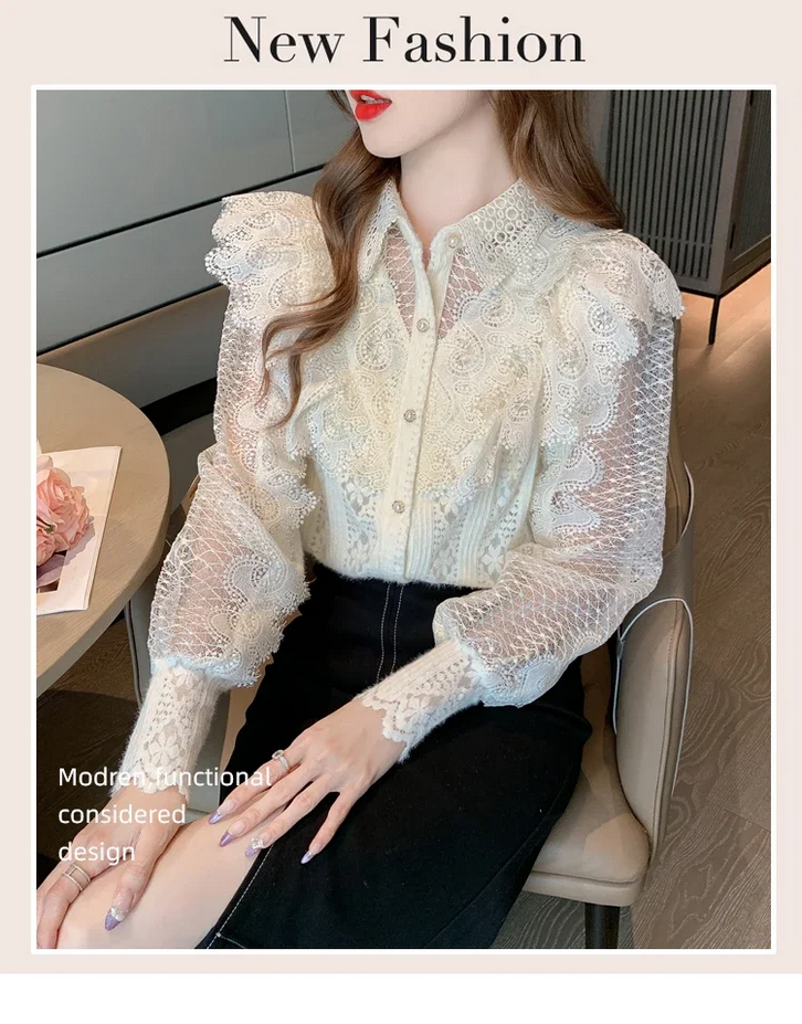 Apricot Turn Down Collar Long Sleeve Lace Women&#39;s Blouse