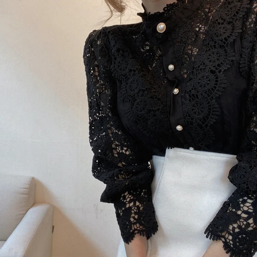 Classy Pearl Button Fashion Long Sleeve Lace Women Blouse