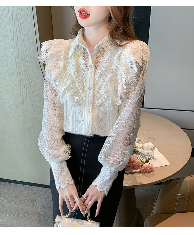 Apricot Turn Down Collar Long Sleeve Lace Women&#39;s Blouse