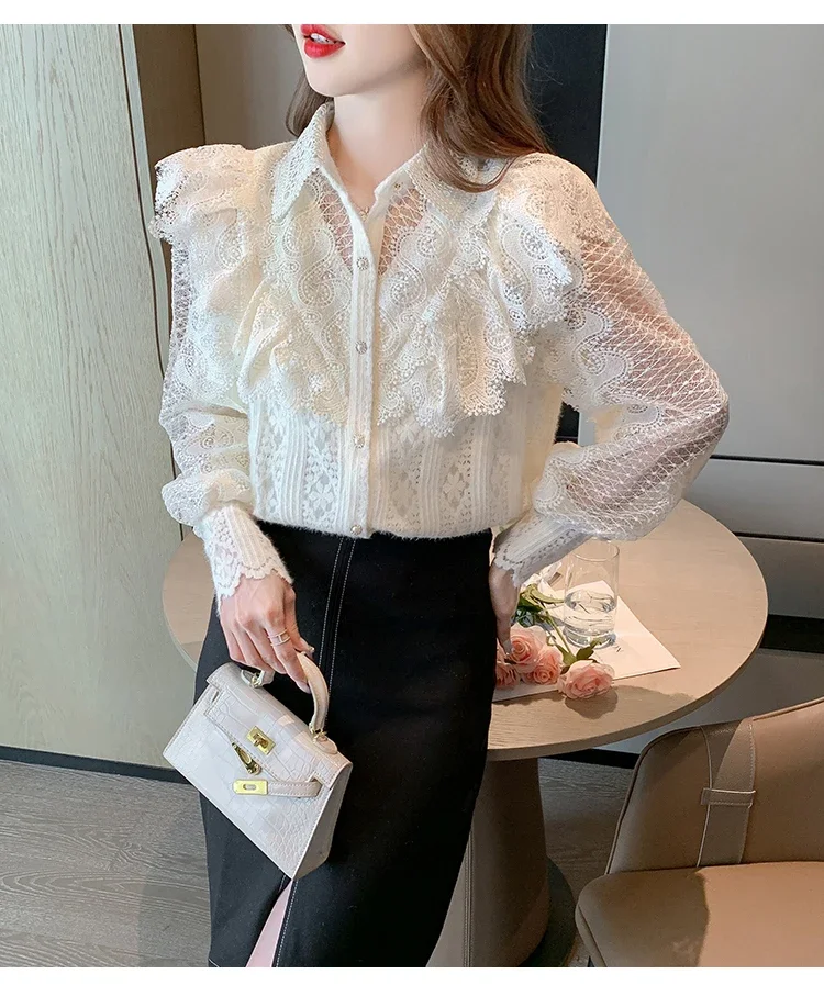 Apricot Turn Down Collar Long Sleeve Lace Women&#39;s Blouse