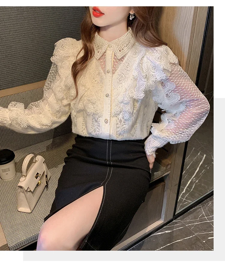 Apricot Turn Down Collar Long Sleeve Lace Women&#39;s Blouse