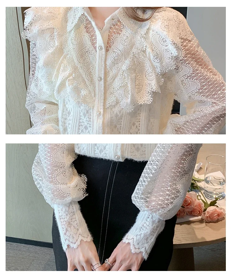 Apricot Turn Down Collar Long Sleeve Lace Women&#39;s Blouse