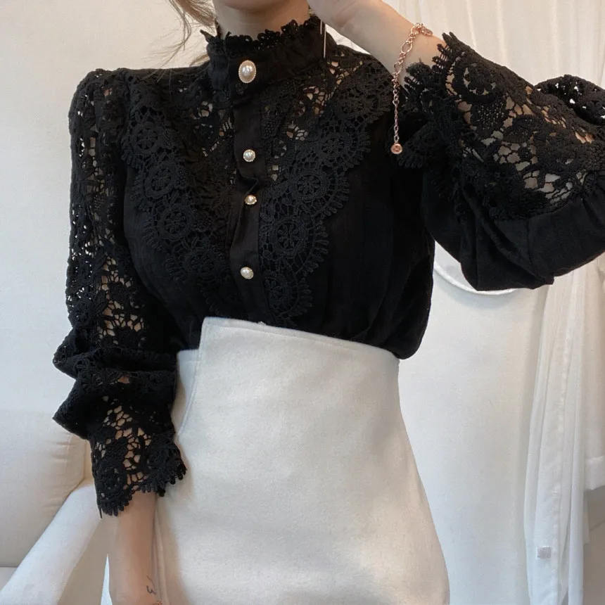 Classy Pearl Button Fashion Long Sleeve Lace Women Blouse
