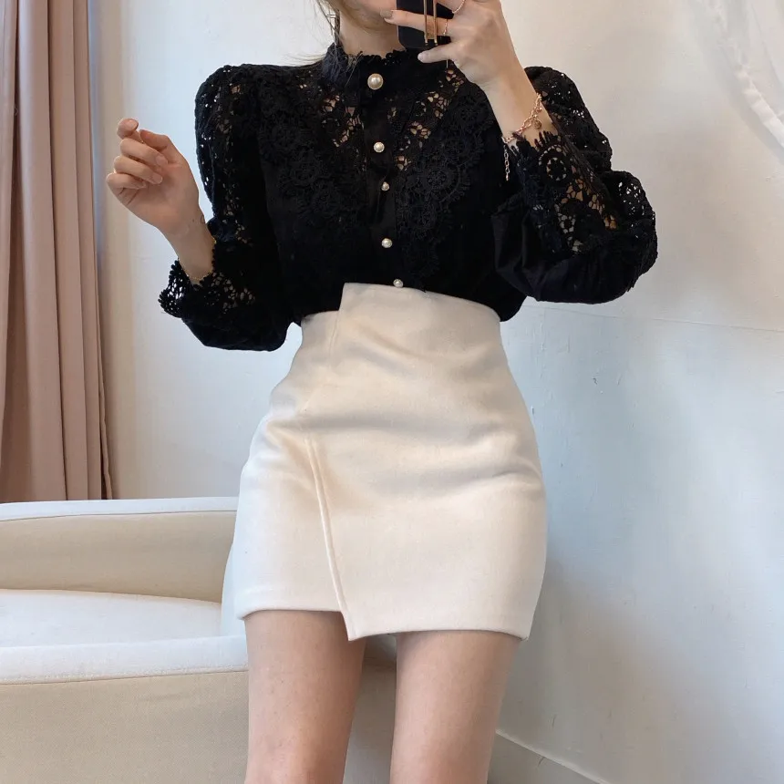 Classy Pearl Button Fashion Long Sleeve Lace Women Blouse