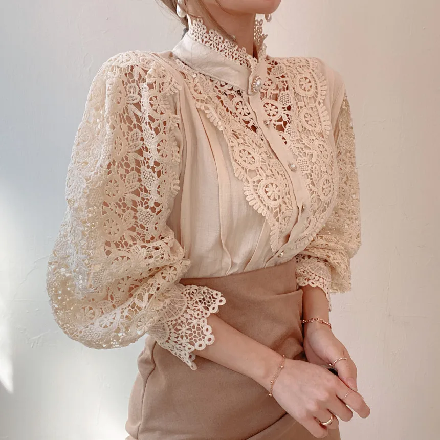 Classy Pearl Button Fashion Long Sleeve Lace Women Blouse