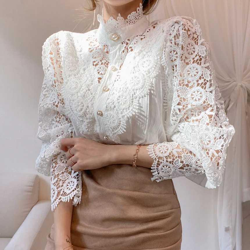 Classy Pearl Button Fashion Long Sleeve Lace Women Blouse