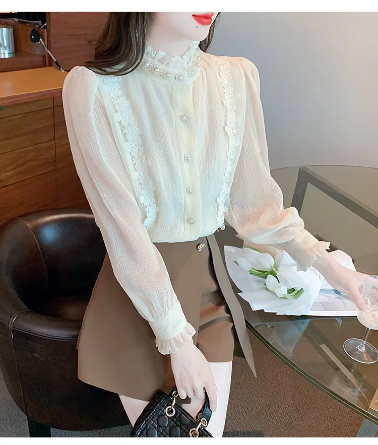 Beautiful Beaded Stand Collar Lace Chiffon Blouse