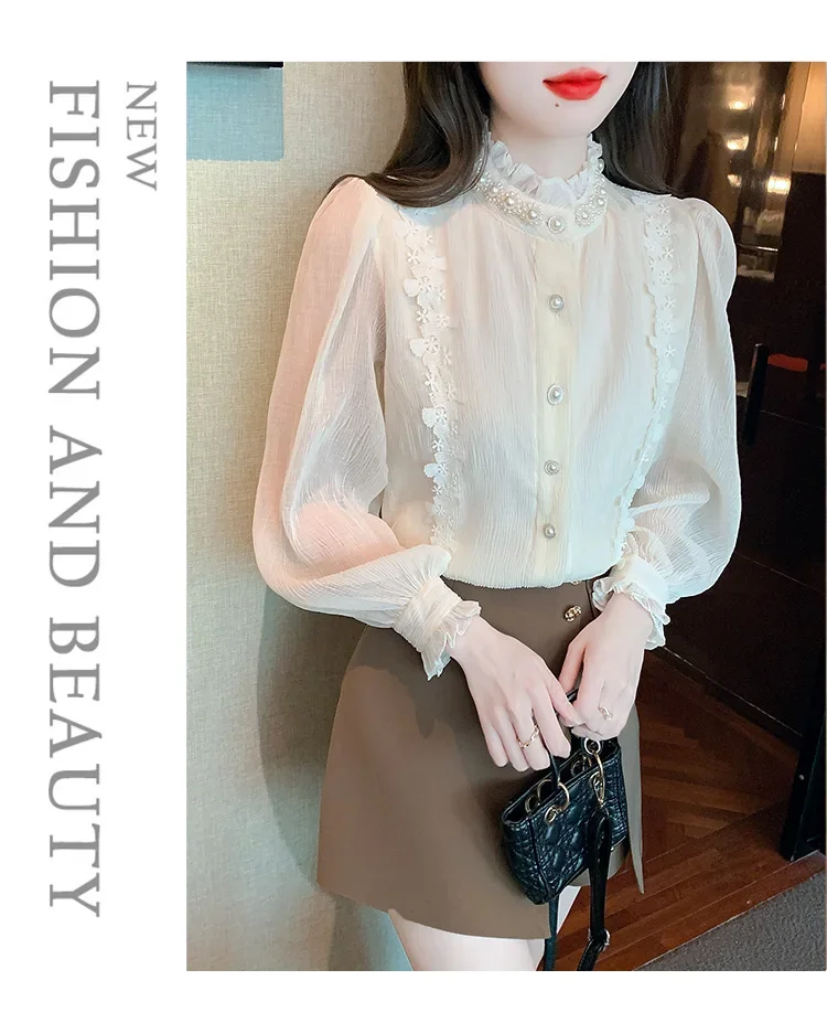 Beautiful Beaded Stand Collar Lace Chiffon Blouse