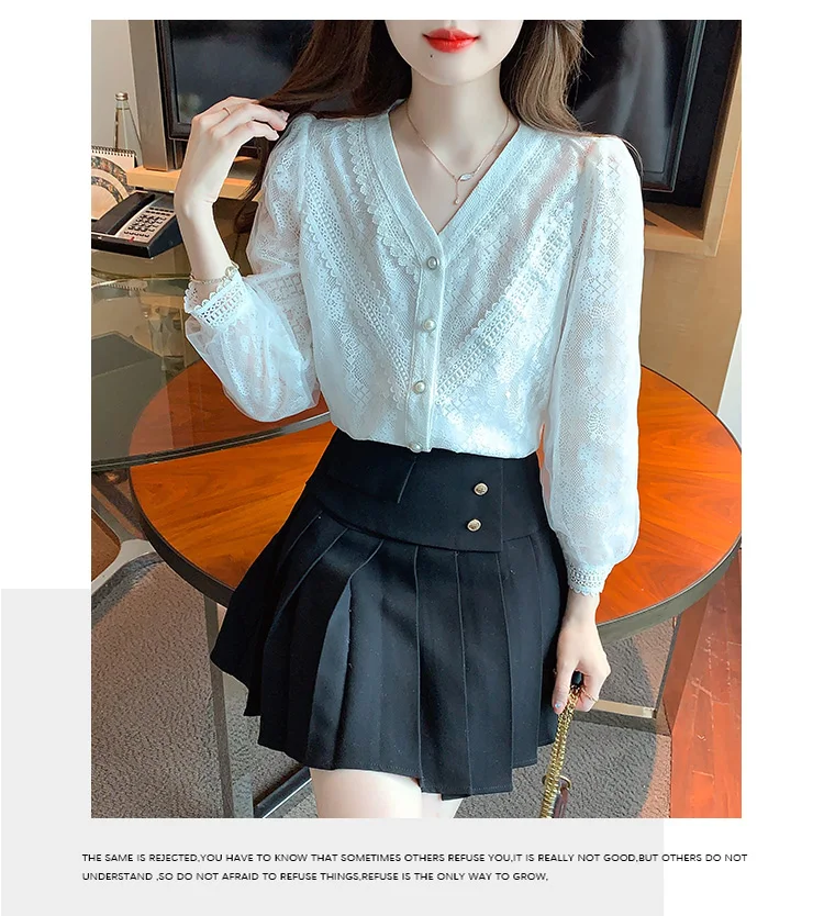 V Neck Lace Long Sleeve White Blouse