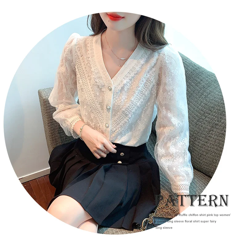 V Neck Lace Long Sleeve White Blouse