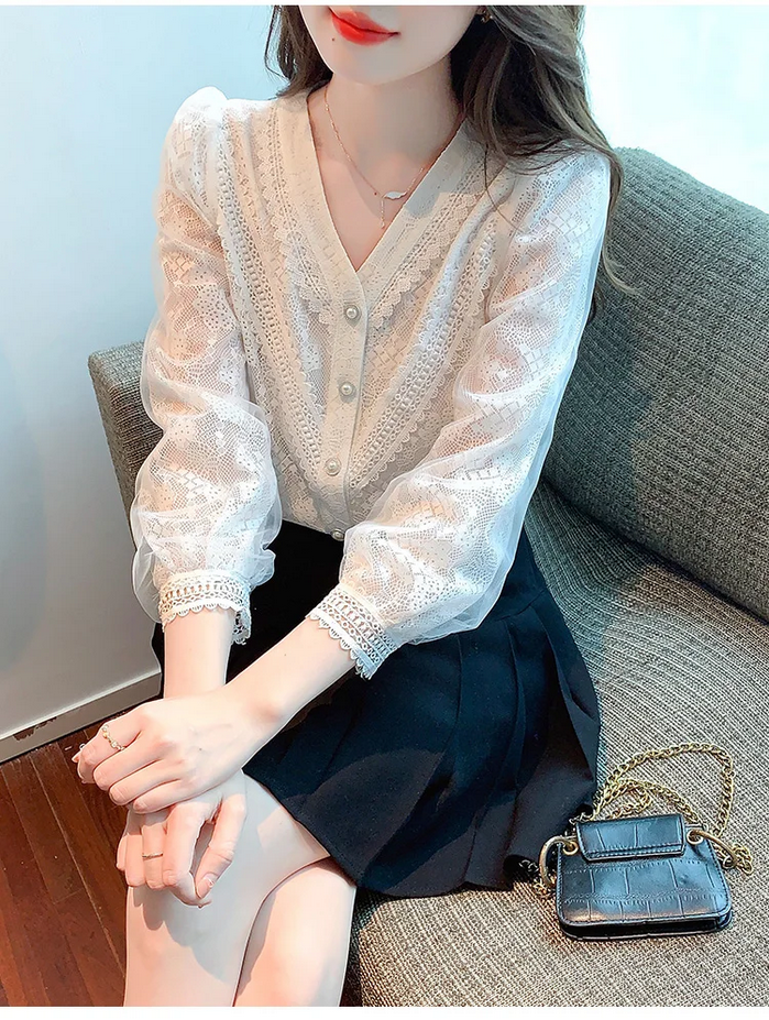 V Neck Lace Long Sleeve White Blouse