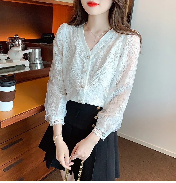 V Neck Lace Long Sleeve White Blouse