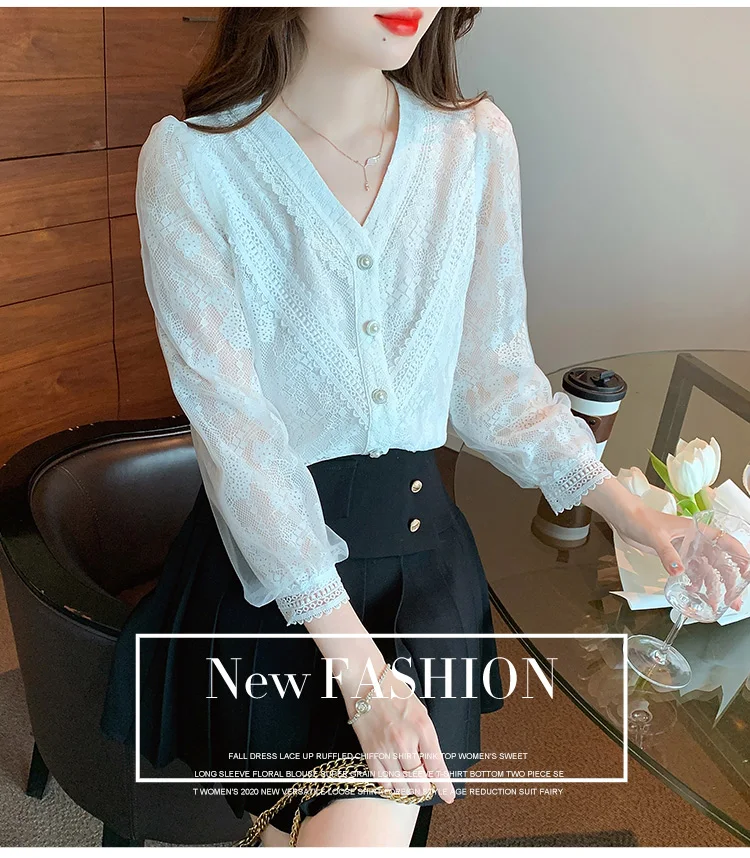V Neck Lace Long Sleeve White Blouse