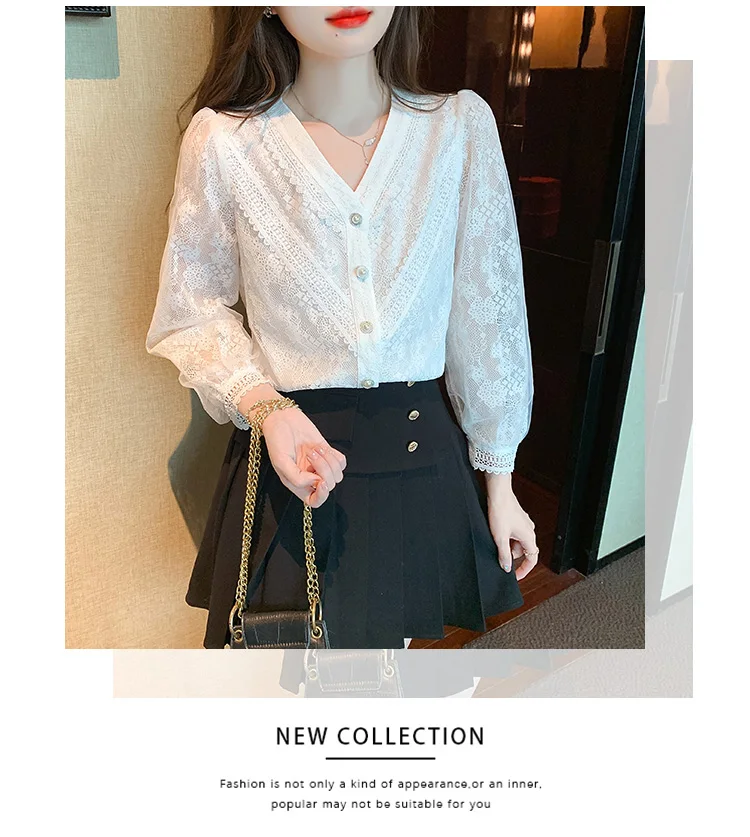 V Neck Lace Long Sleeve White Blouse