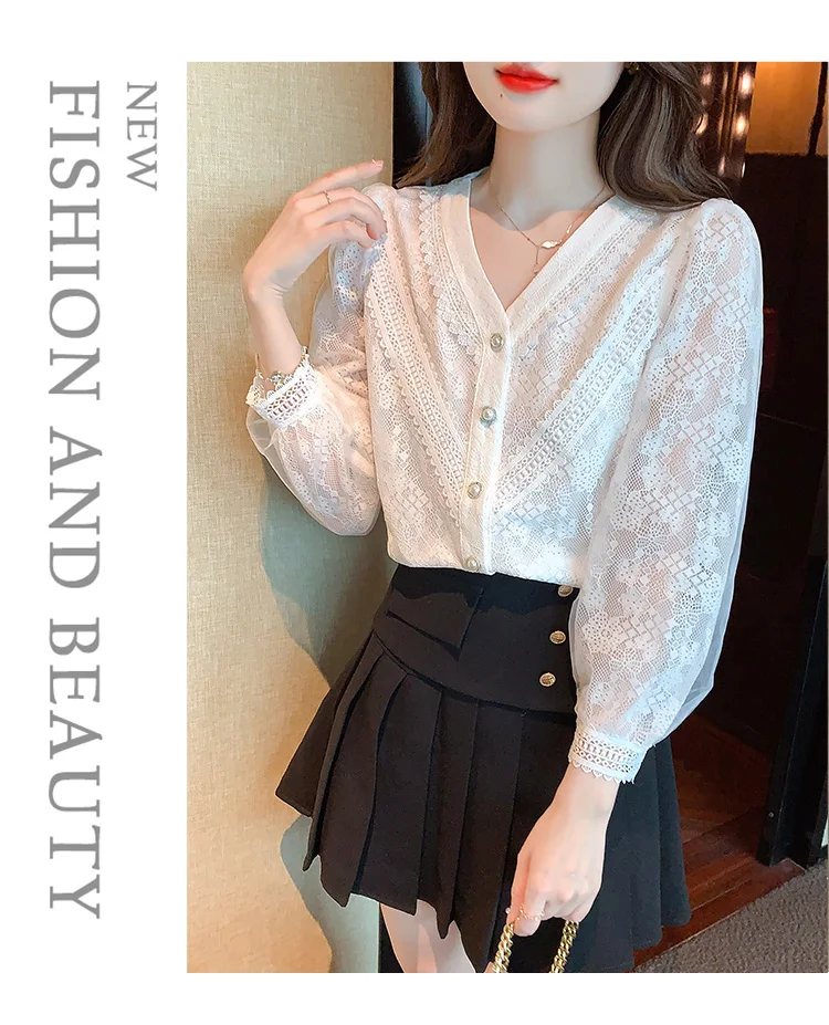 V Neck Lace Long Sleeve White Blouse