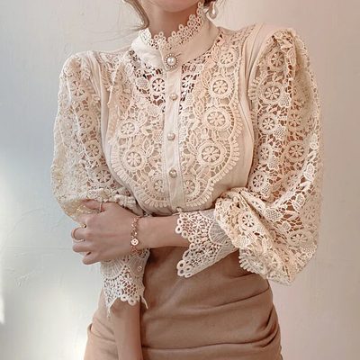 Classy Pearl Button Fashion Long Sleeve Lace Women Blouse