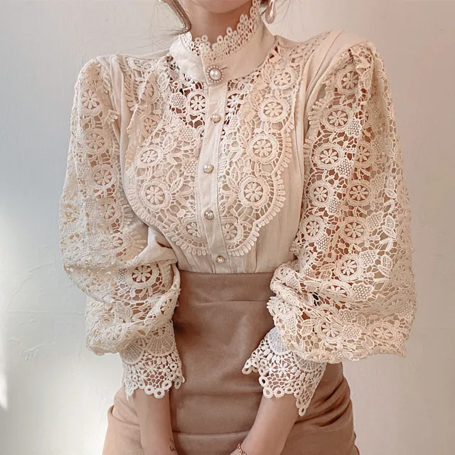 Classy Pearl Button Fashion Long Sleeve Lace Women Blouse