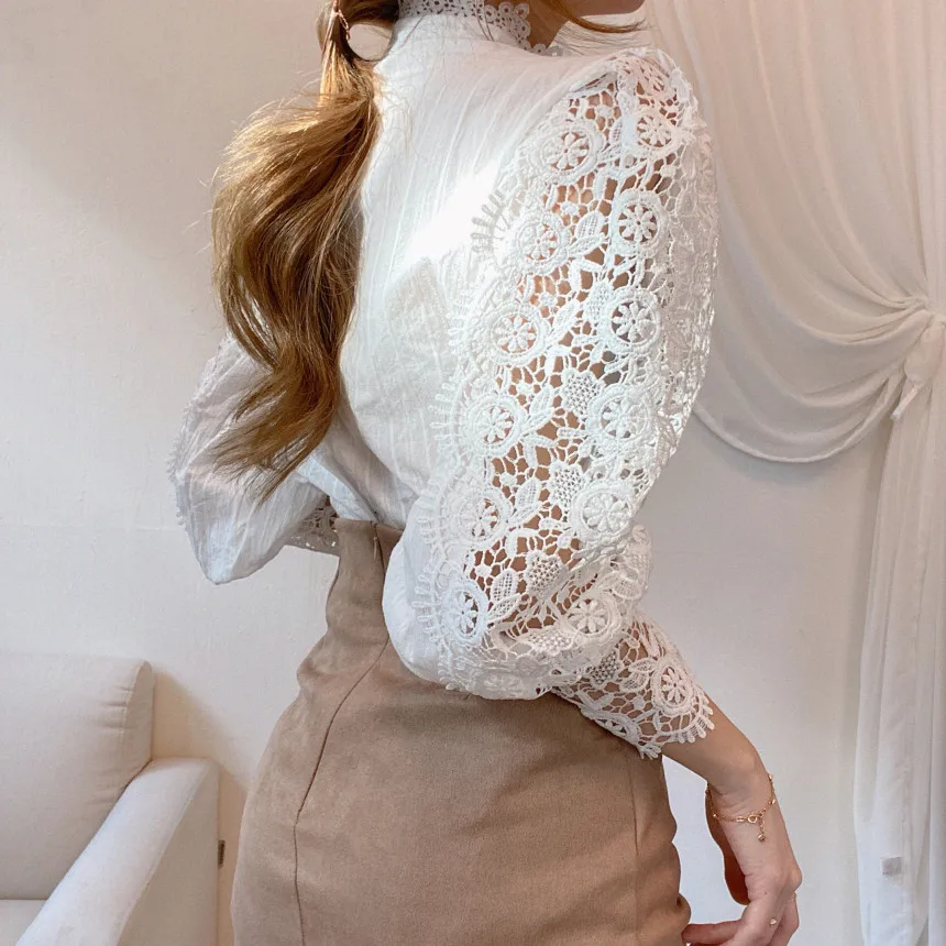 Classy Pearl Button Fashion Long Sleeve Lace Women Blouse