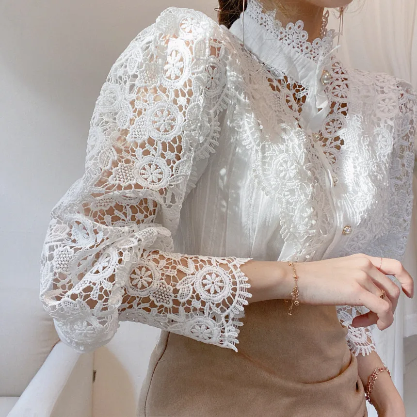 Classy Pearl Button Fashion Long Sleeve Lace Women Blouse
