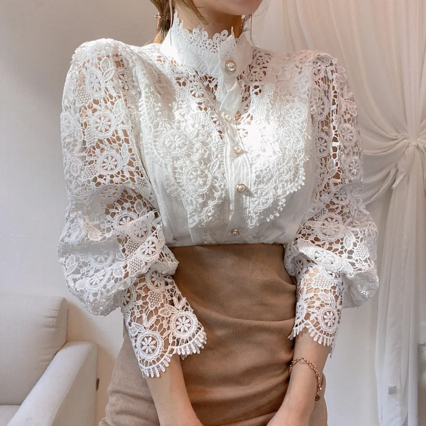 Classy Pearl Button Fashion Long Sleeve Lace Women Blouse