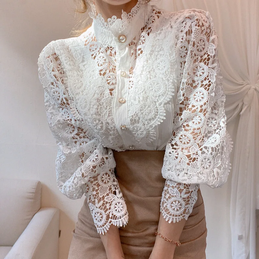 Classy Pearl Button Fashion Long Sleeve Lace Women Blouse
