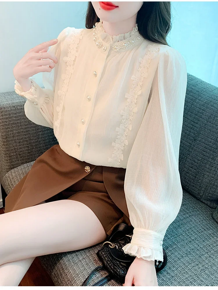 Beautiful Beaded Stand Collar Lace Chiffon Blouse