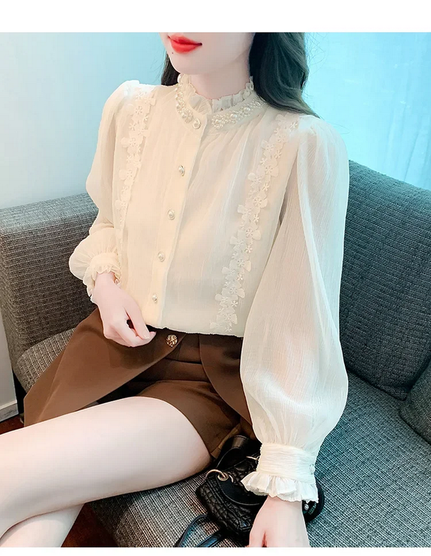 Beautiful Beaded Stand Collar Lace Chiffon Blouse