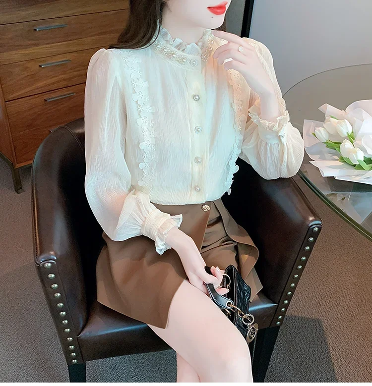 Beautiful Beaded Stand Collar Lace Chiffon Blouse