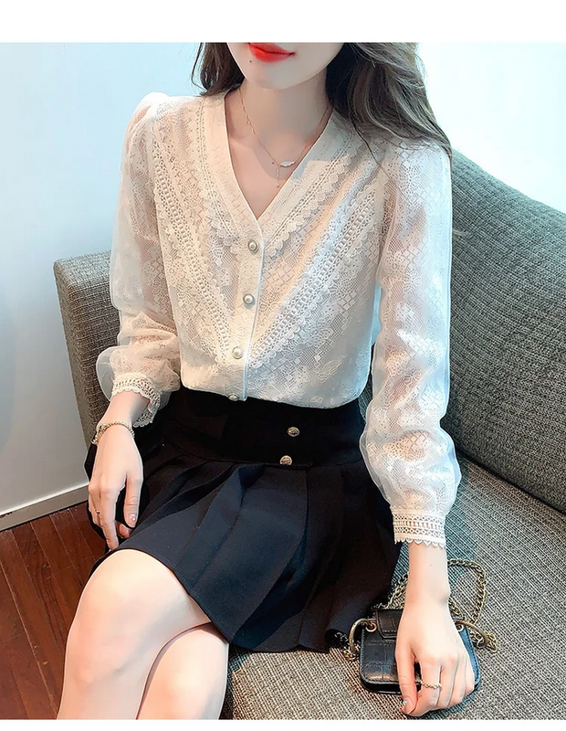 V Neck Lace Long Sleeve White Blouse