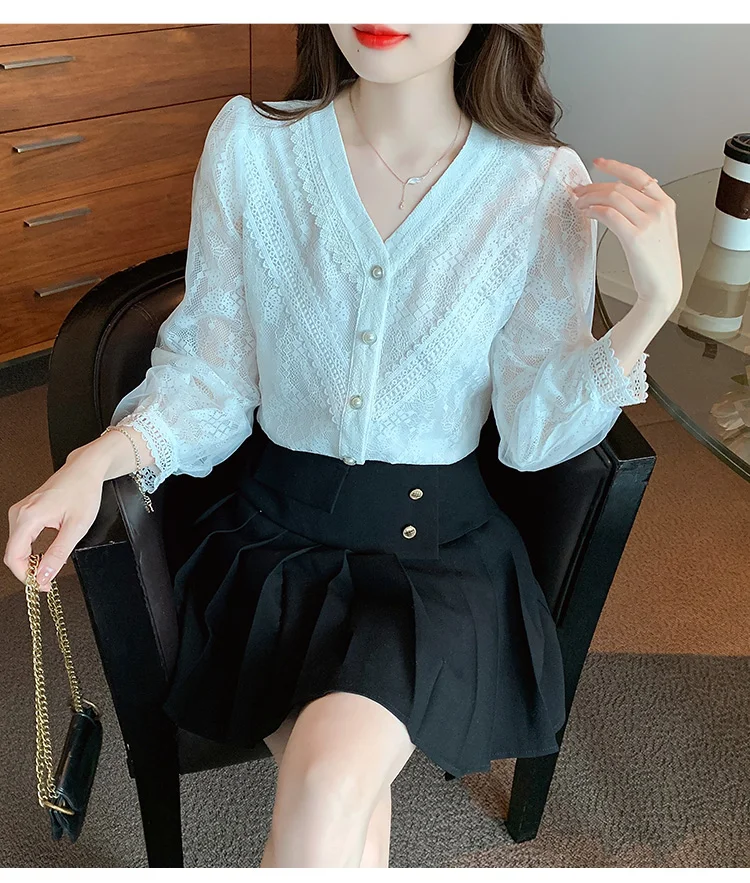 V Neck Lace Long Sleeve White Blouse