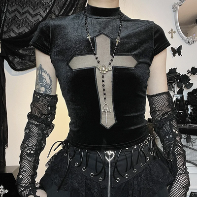 Black Sheer Cross Gothic Women T-shirts