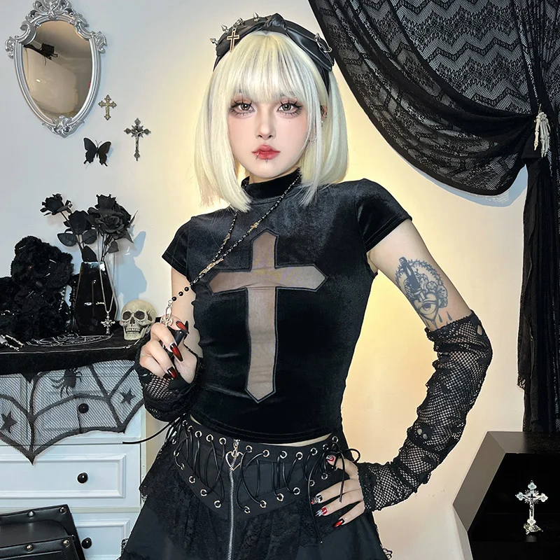 Black Sheer Cross Gothic Women T-shirts